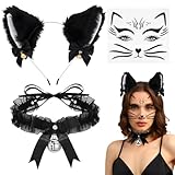 Meleager Cerchietto Orecchie Gatto con Collare e Tatuaggio Viso Neri, Accessori per Capelli da Gatti di Peluche, Set di Cat Cosplay Donna per Halloween, Carnevale, Festa Costume
