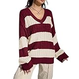 YYDSTYLE Donne Y2K Vintage A Righe Maglione Scollo A V Manica Lunga Cavo Maglia Oversize Preppy Maglione Downtown Girl Abbigliamento Estetico, Rosso, M