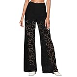 2026 - Pantaloni casual da donna, a vita alta, in pizzo, cava, gamba dritta, per feste, discoteche e uso quotidiano, comodi, elastici, in vita, larghi, a maniche lunghe con pantaloni, Nero , S