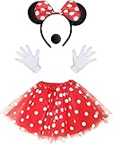 iZoeL Minnie Costume Ragazza, 1 Tutù di Minnie 1 Fascia per Orecchie da Topo 2 Guanti Bianchi 1 Naso Nero, per Costume Carnevale Festa di Compleanno Costume Halloween per Ragazze Bambini