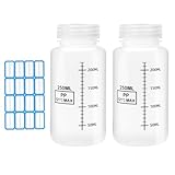 2 bottiglie a collo largo, in plastica, da 250 ml, con tappo a vite, scala, etichette, piccole bottiglie di plastica da riempire, bottiglie di plastica, bottiglie di laboratorio, reagenti di