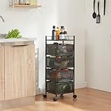 [en.casa] Carrello da Stoccaggio Organizzatore con 4 Cestelli Girevoli e Piano con Barra Anticaduta Mobile Multiuso in Acciaio a 4 Rotelle per Cucina Ufficio Bagno - Nero