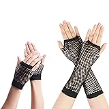 Azwood Guanti a rete senza dita, 2 paia di guanti a rete lunghi e corti, guanti a rete da donna anni '80, guanti elastici per danza, discoteca, costume, accessori per feste, Nero , Long, Short
