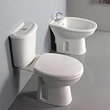 Coppia di sanitari monoblocco con scarico a terra e cassetta in ceramica, sedile originale in termoindurente, KARLA