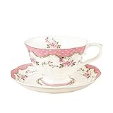 fanquare Tazza da tè Inglese con Fiori, Tazza da Caffè in Porcellana Rosa, Tazza da Tè e Piattino da 200 ml con Fiori, Elegante Tazza da Tè Grande