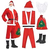 SanRes 7 Pezzi Costume da Babbo Natale per Uomo Set,Set per Costume Babbo Natale o San Nicola,con Casacca,Pantaloni,Cintura,Cappello,Copristivali,Barba e Borsa di Regalo per Natale,Festa a Tema