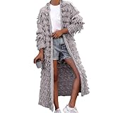 Generisch 2025 Maglione da donna in maglia con frange, cardigan, nappe invernali, lungo, aperto sul davanti, casual, cappotti ingombranti, capispalla con cappuccio per 2, grigio., L