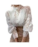 FRESQA Camicia Patchwork in Pizzo con Maniche a Petalo, Colletto alla Coreana, Scava Fuori, Camicetta in Pizzo da Donna, Top Bianco con Bottoni