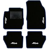 QUEMAR Tappetini Auto compatibili con Ford Fiesta MkVI 6 serie 2008-2017/Kit Tappeti Moquette e Gomma su Misura (Set 2 Anteriori + 2 Poster.)/Ricami e Colori Personalizzati (4 Ricami, Bordo Blu)