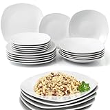 Shally Dogan Servizio di Piatti da Portata 18 Pezzi in Porcellana da Tavolo per 6 Persone, Set Composto da 6x Piatto Piano, 6x Fondo, 6x Dolce e Frutta, Design Moderno Liscio (Bianco Squadrato)
