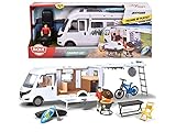 Dickie Toys - Playlife Camper Set, Hymer B-Class Motorhome, con pannello, porta laterale, gavone e tetto apribili, Incluso personaggio, E-Bike, BBQ con luci, paddling, tavolo con sedia