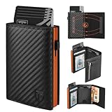 TEEHON Portafoglio Uomo Slim RFID Blocking, Magnetica Fibra di Carbonio Porta Carte di Credito Uomo - ID Window, Tasca Portamonete con Cerniera, Scomparto per Banconota (Nero Arancione)