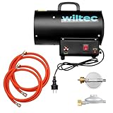 Wiltec Generatore di calore a gas GPL, 15 kW 30 W 320m³/ora, cannone aria calda con avviamento piezoelettrico, incluso riduttore di pressione del gas per l'Italia 700 mbar con tubo da 1,5 m