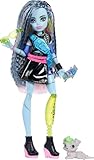 Monster High - Frankie Stein, bambola con maglia corta e gonna in pelle nera, con cagnolina Watzie e 7 accessori inclusi tra cui auricolari, marsupio e snack, 4+ anni, JHK31