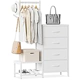 ODK Cassettiera Camera da Letto 3 in 1, con un Appendiabiti da Terra, Doppia Scarpiera e Due Ganci per Cappotti, con 4 Cassetti in Tessuto, Adatto a Camere da Letto e Ingressi, Bianco