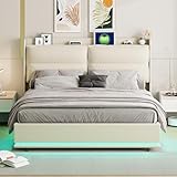 MISNODE Letto Contenitore 160 x 200 cm, Letto Matrimoniale con Luci LED e USB, Struttura Letti Imbottita in Velluto con Rete a Doghe, Letto per Adulti e Adolescenti, Beige (Beige-B, 160x200 cm)