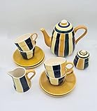 Servizio Tè da 4, 1 Teiera, 1 Lattiera, 1 Zuccheriera, 4 Tazze da Tè con 4 Piattini. Servizio Tè, ceramica. (Righe Gialle Verdi Blu Nere) ST. LAWRENCE