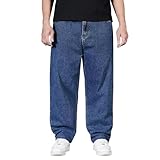 Pantaloni larghi da uomo in denim casual hip hop cotone jeans da lavoro tinta unita vestibilità ampia diritta gamba larga pantaloni in denim elasticizzati pantaloni jeans, Blu scuro, L