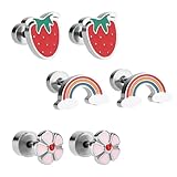 3 Paia Orecchini Carini per Ragazze, Piccoli Orecchini a Fragola per Orecchie Sensibili, Orecchini a Vite Arcobaleno Fiore Acciaio Chirurgico Orecchini a Bottone per Bambina Bambini Piccoli