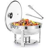 Wilprep 5.5L Chafing Dish Buffet Rotondo con Coperchio in Vetro Scaldavivande Rotondo in Acciaio Inox Contenitore Vassoio di Riscaldamento e Freddo per Servire per Catering Ristoranti Feste Matrimoni