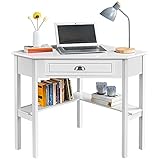 Yaheetech Scrivania Angolare per Computer Desktop Computer in Legno con Cassetto e Ripiano Portaoggetti per Postazione di Lavoro Elegante 106 × 71,5 × 76,5 cm Bianco
