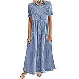 HAOLEI Vestito di Jeans Donna Lungo Estivo Denim Abito Scollo A V Manica Corta Vestiti Elegnati Curvy Maxi Vestitino Jeans Casual Abiti con Tasche E Bottone 2024 Offerte di Primavera