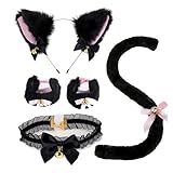 Set di 5 costumi da gatto per cosplay, cerchietto con orecchie da gatto nero con campane, coda regolabile, polsini per le mani, travestimento per donne e ragazze, giochi di ruolo, feste, Halloween