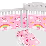 Aolso Paracolpi Lettino, 2 Pezzi Paraurti COT Morbida e Traspirante, Paracolpi per Lettino con 10 Cinghia Fissa, Lavabile, 340cm x 30cm + 160cm x 30cm (Unicorno-Sfondo Rosa)