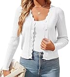 OLIPHEE Cardigan Donna Corto con Bottoni Scollo a V Elegante Maglione Donna Autunno Invernale in Tinta Unita con Bordo Ondulato Casual Giacca in Maglia Pullover Y2K Bianco M