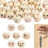 zrfgbxim 70 Pz 20mm Perline in Legno con Faccina Sorridente per Artigianato, 7 Stili Emoji Perline di Legno Rotonde Naturale con Facce per Braccialetti Collane Creazione di Gioielli