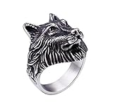 PAMTIER Anello da Uomo con Testa di Lupo in Acciaio Inossidabile da Uomo Argento Misura 22