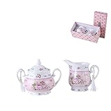 London Boutique - Set in porcellana con teiera, zuccheriera e lattiera in stile vintage floreale shabby chic, con confezione regalo (set di cremiera e zuccheriera con rose rosa)