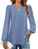 Chicrise Camicia Donna Manica Lunga Girocollo Blusa Autunnali Classico Camicette a Tinta Unita BluGrigio X-Grande 46-48 XL