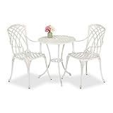 Relaxdays Set da Bistrot da 3, Tavolino da Giardino, 2 Sedie da Balcone, in Alluminio Stile Ferro Battuto, Bianco Bronzo, 67x60 cm