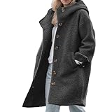 Cappotto di lana da donna, lungo, con cappuccio, cappotto invernale, a maniche lunghe, caldo, tinta unita, confortevole, per il tempo libero, alla moda, elegante, classico, trench, Grigio Scuro, XXL