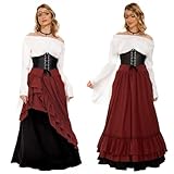 JONRRYIN Abbigliamento Medievale per Donna, Abbigliamento Rinascimentale Vittoriana, Maniche a Tromba Abito Boemia Accessori, Gotico da Palazzo Principessa Abito Carnevale Festa Halloween (Rosso, XXL)