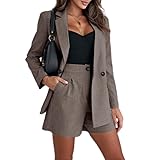 LCDIUDIU Completo Da Donna In Lino Beige, Due Pezzi, Completo Da Ufficio, Giacca Blazer Doppiopetto Con Revers A Lancia, Pantaloncini Con Tasche Laterali, Coordinati, Elegante Completo Da Lavoro Est