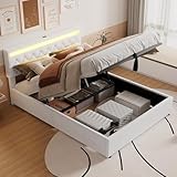 KUAKE Letto contenitore matrimoniale con presa USB e presa di tipo C, lettomatrimoniale 160 x 200 cm con luce d'atmosfera sul letto, lettoidraulico,letto una piazza e mezza con base a doghe