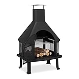 Relaxdays Forno da Terrazzo con Grill, Braciere con Parascintille, Attizzatoio, Massiccio, Acciaio, 110x63x51 cm, Nero