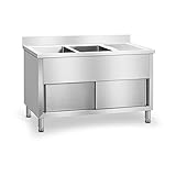 Royal Catering RCHS-1400WS Lavello Cucina Inox Lavello Armadiato Doppio Professionale (2 Vasche, Acciaio Inox, Porte Scorrevoli, 64x140x95,5 cm)