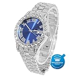 HALUKAKAH Diamanti Orologio Oro, Uomo Placcato Oro Bianco Platino 42MM Largo Blu Componi Quarzo Cinturino 24cm, con Scatola Regalo