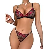 Satohom Sexy Donna 2 Pezzi Completo Intimo Ricamo di Rose Trasparente Senza Ferretto Reggiseno e Perizoma Soft Indumenti da Notte Maglia Lingerie Babydoll Teddy Hot Biancheria Intima Nero