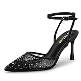 PIZZ ANNU Tacchi Donna Sexy Decollete a Punta Chiusa Scarpe con Tacco Tacchi a Spillo con Strass Sandali con Cinturino alla Caviglia Nero EU 42
