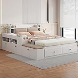 Oxtao Letto combinato in legno massello 140 x 200 cm, testiera con vano portaoggetti integrato, letto matrimoniale con divano-panchina, cassetti e comodino, con armadietto lungo, letto a tatami, senza