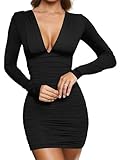 AMABILEMIA Vestito Donna Sexy Maniche Lunghe Mini Abito Elegante Nero Vestito Corto Invernale Tubino Casual da Sera Aderente Scollato Inverno AM563 (IT, Testo, S, Regular, Regular, Nero)