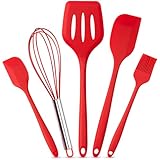 Domínio Metálico Set di Utensili da Cucina in Silicone Rosso | 5 Pezzi Resistenti al Calore | Lingua, Pennello, Frusta, Cucchiaio Lingua e Lingua Fessurata