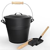 VOUNOT® Secchio per Cenere in Metallo con Coperchio, Paletta e Scopino, Secchio per Cenere Camino per Focolare, Caminetto, Braciere, Stufa a Pellet, Capacità 5L, Nero