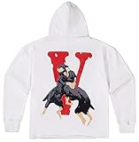 Silver Basic Rosso Grande V Felpa con Cappuccio Stampa Retro V Maglione ins Stile Hip Hop Streetwear da Uomo Scheletro di Halloween L,Bianco-1