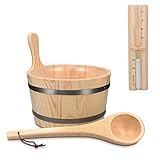 Navaris Secchiello da Sauna in Legno - Secchio in Legno 5 Litri con Inserto in Plastica Mestolo e Clessidra Tempo - Set Accessori per Saune Finlandesi
