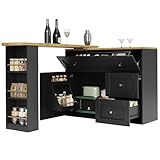 Senmate Banco Bar Estraibile con Snack Rack, Mobile Cucina Multifunzione con Ripiano Girevole 360°, Sideboard con 2 Ante e Cassetti per Aperitivo, Colazione, Home Office, Design Moderno (nero)